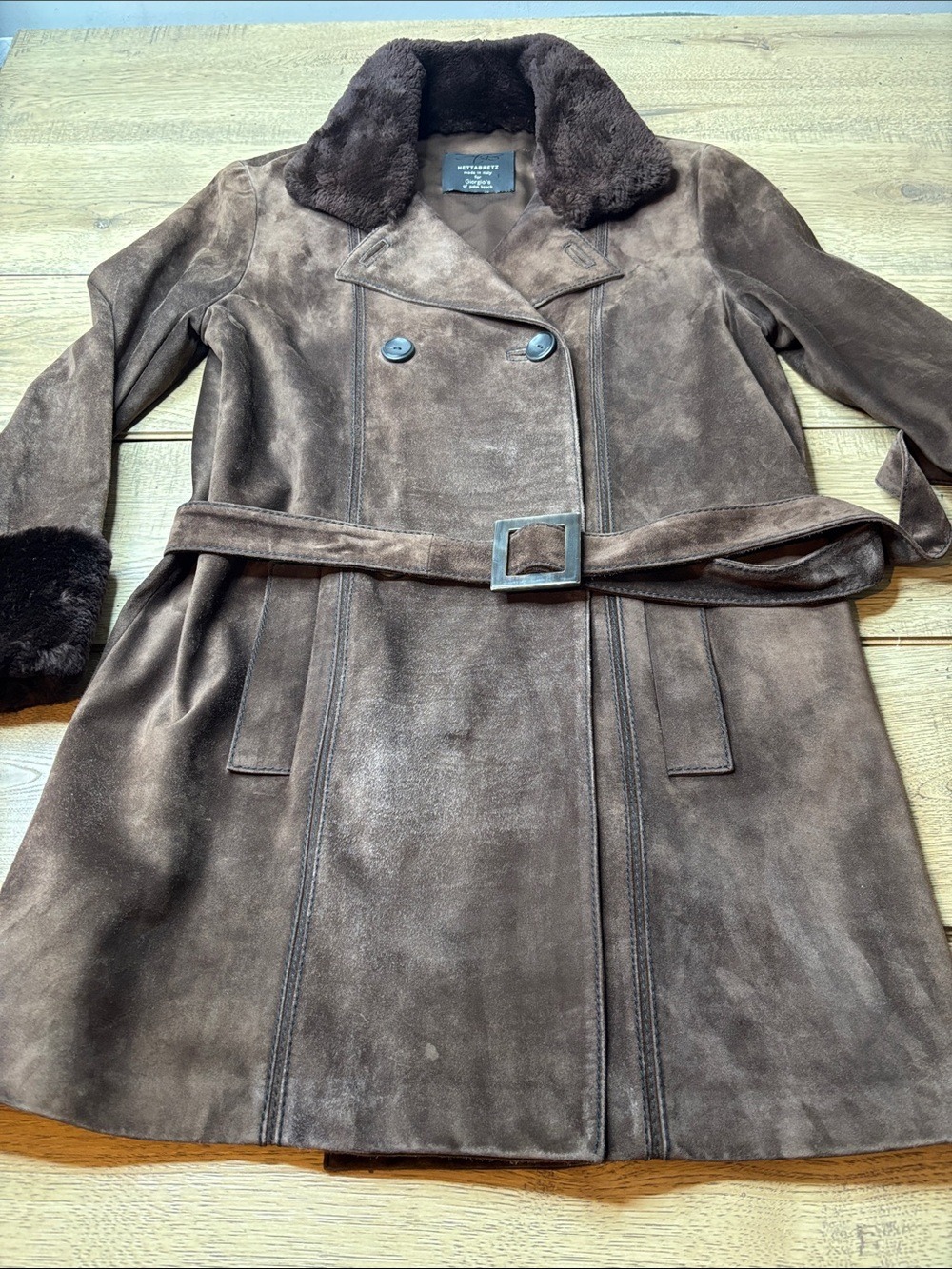 Women’s Vintage Hettabretz Brown Suede Shearling-Trim Belted Coat Size 40
